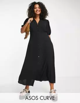 Черное чайное платье-рубашка миди с пуговицами спереди ASOS DESIGN Curve
