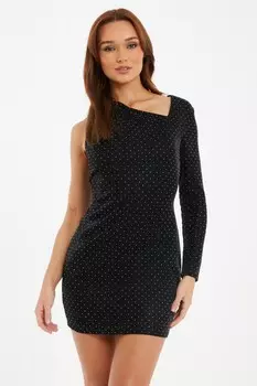 Черное декорированное мини-платье на одно плечо QUIZ Clothing