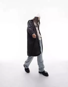 Черное длинное пальто с капюшоном Topshop