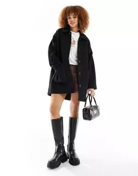 Черное длинное пальто с начесом Monki
