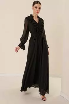 Черное длинное шифоновое платье с поясом и подкладкой на талии Poloyaka, застегнутое на половину пуговицы спереди с воланом и перьями By Sayg, черный