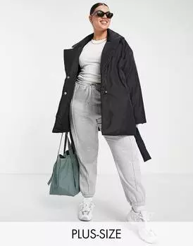 Черное дутое пальто с поясом и логотипом ASOS Weekend Collective Curve