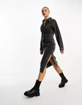 Черное джинсовое платье миди ASOS DESIGN