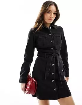 Черное джинсовое платье мини с длинными рукавами и воротником Miss Selfridge