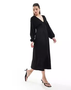 Черное фактурное платье миди с объемными рукавами ASOS DESIGN