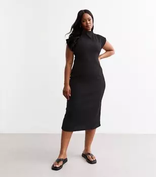 Черное фактурное платье миди с воротником-воронкой Curves New Look, черный