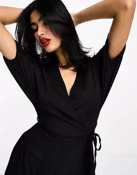 Черное фактурное платье миди с жатым запахом и завязками по бокам ASOS DESIGN