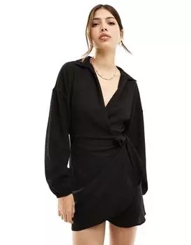 Черное фактурное платье мини с длинными рукавами и v-образным вырезом ASOS DESIGN