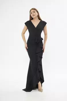 Черное гибкое вечернее платье макси без рукавов с двубортным вырезом и воланами из ткани с аквалангом 582443 lovebox, черный