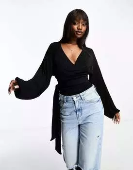 Черное гладкое боди с запахом ASOS