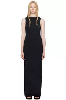 Черное гладкое многослойное длинное платье макси с вырезом лодочкой SKIMS