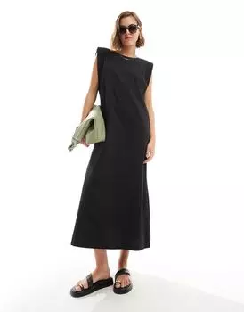 Черное хлопковое бесформенное платье миди с подплечниками ASOS DESIGN