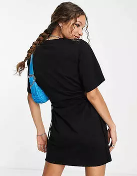 Черное хлопковое мини-платье с вырезом на талии - ЧЕРНЫЙ