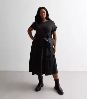 Черное хлопковое многоярусное платье миди Curves New Look, черный