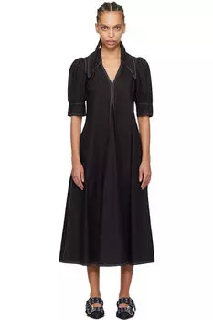 Черное хлопковое поплиновое платье миди с V-образным вырезом GANNI