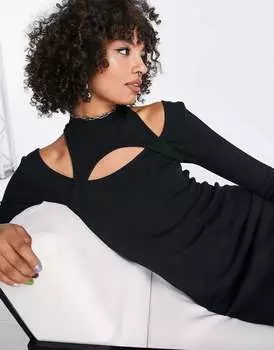 Черное хлопковое трикотажное платье миди с вырезами на плечах Edited