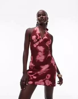 Черное и красное платье мини с воротником-халтер и цветочным принтом Topshop