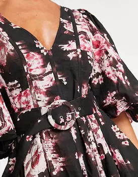 Черное и ржавое платье мини с пышными рукавами и поясом из органзы ASOS DESIGN