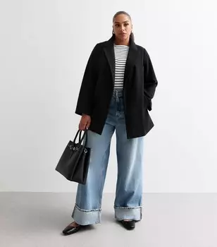 Черное короткое пальто без подкладки с поясом Curves New Look, черный