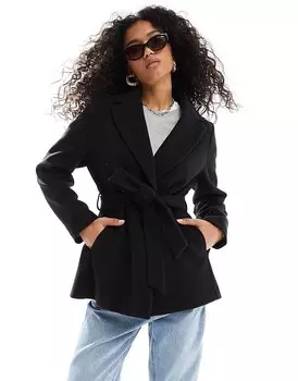 Черное короткое пальто с поясом New Look