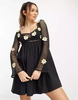 Черное короткое свободное платье ASOS с объемными ромашками, связанными крючком