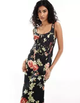 Черное корсетное платье миди на косточке из атласа и кружева ASOS DESIGN