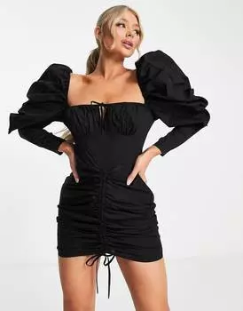 Черное корсетное платье мини из хлопка с пышными рукавами ASOS LUXE
