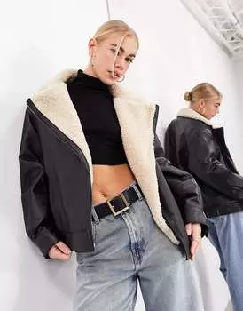 Черное кожаное пальто-авиатор из натуральной кожи ASOS