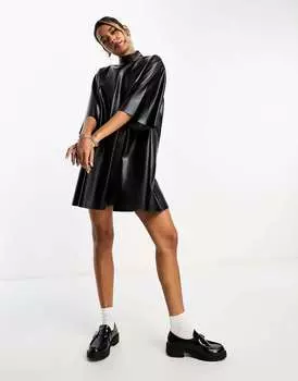 Черное кожаное платье-футболка с высоким воротником ASOS