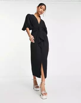 Черное креповое платье миди с глубоким вырезом и завязкой спереди ASOS