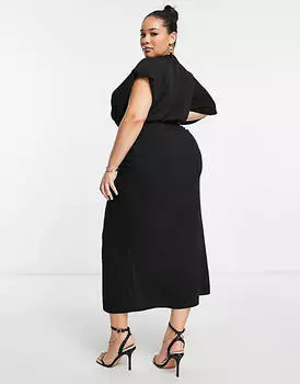 Черное креповое платье миди с глубоким вырезом и завязкой спереди ASOS DESIGN Curve