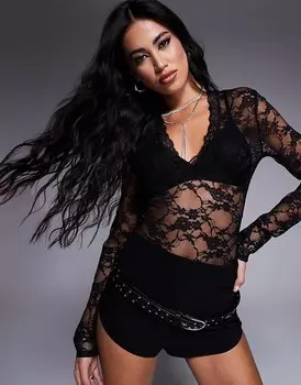 Черное кружевное боди с глубоким вырезом ASOS DESIGN Halloween