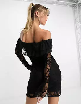 Черное кружевное мини-платье с открытыми плечами и корсажем с рюшами ASOS DESIGN