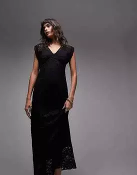 Черное кружевное платье макси с v-образным вырезом Topshop