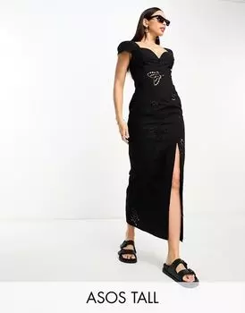 Черное кружевное платье миди с вырезом в форме сердца и пуговицами ASOS DESIGN Tall