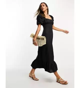 Черное льняное платье мидакси с пышными рукавами и разрезом & Other Stories