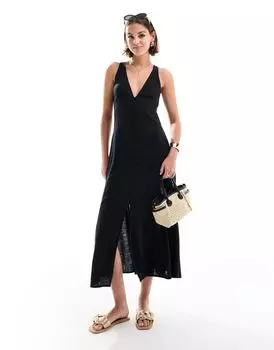 Черное льняное платье миди на пуговицах с пышной юбкой ASOS DESIGN