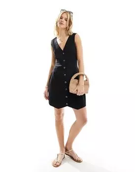Черное льняное платье-жилет на пуговицах ASOS DESIGN Mini