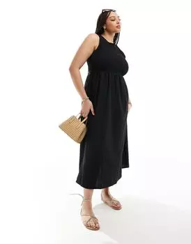 Черное летнее платье миди с рюшами и вырезом «лодочка» на спине ASOS DESIGN Curve