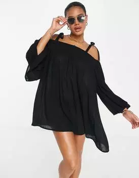 Черное летящее пляжное платье мини с открытыми плечами ASOS DESIGN