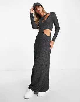 Черное меланжевое платье макси supersoft с длинными рукавами и вырезами ASOS DESIGN