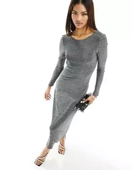 Черное мерцающее платье макси с открытой спиной Pimkie