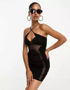 Черное мини-платье ASOS с асимметричным контуром и сетчатой вставкой