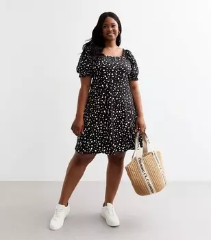 Черное мини-платье Curves с пятнистым принтом и пышными рукавами New Look, черный