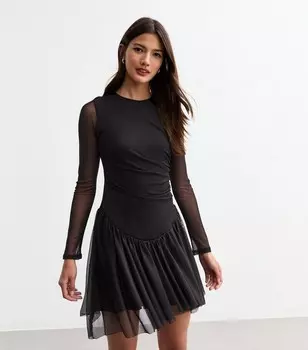 Черное мини-платье из эластичной сетки с заниженной талией New Look, черный