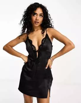 Черное мини-платье из атласного кружева с завязками спереди 4th & Reckless