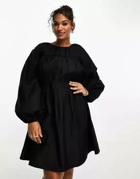 Черное мини-платье из хлопкового поплина со сборками на груди ASOS DESIGN Curve