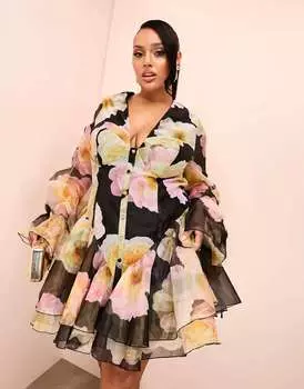 Черное мини-платье из органзы с чашечками ASOS LUXE Curve