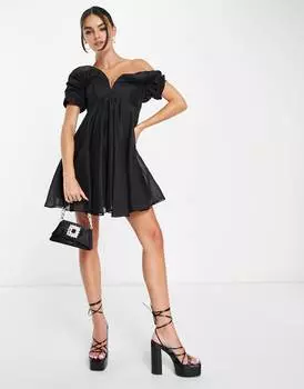 Черное мини-платье из органзы с открытыми плечами и рюшами на лифе ASOS DESIGN