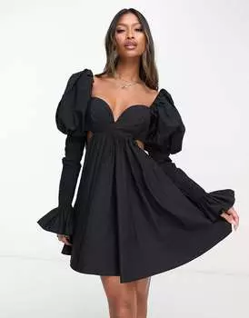 Черное мини-платье из поплина с присборенными рукавами и пышными рукавами ASOS LUXE